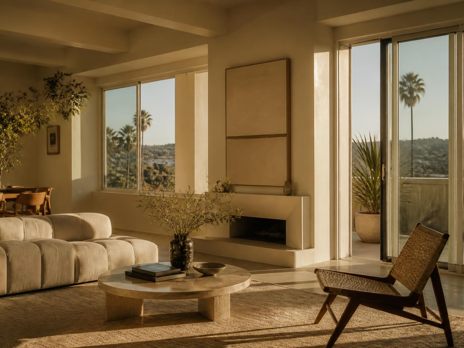 Sunlit Los Angeles apartment living room with palm trees outside the window
